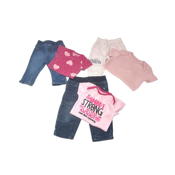 Baby‎ Girl's - 2 Pair Jeans, 1 Pink Stripe Pants, & 3 Body Suits - Size 3-6 M - Picture 1 of 9